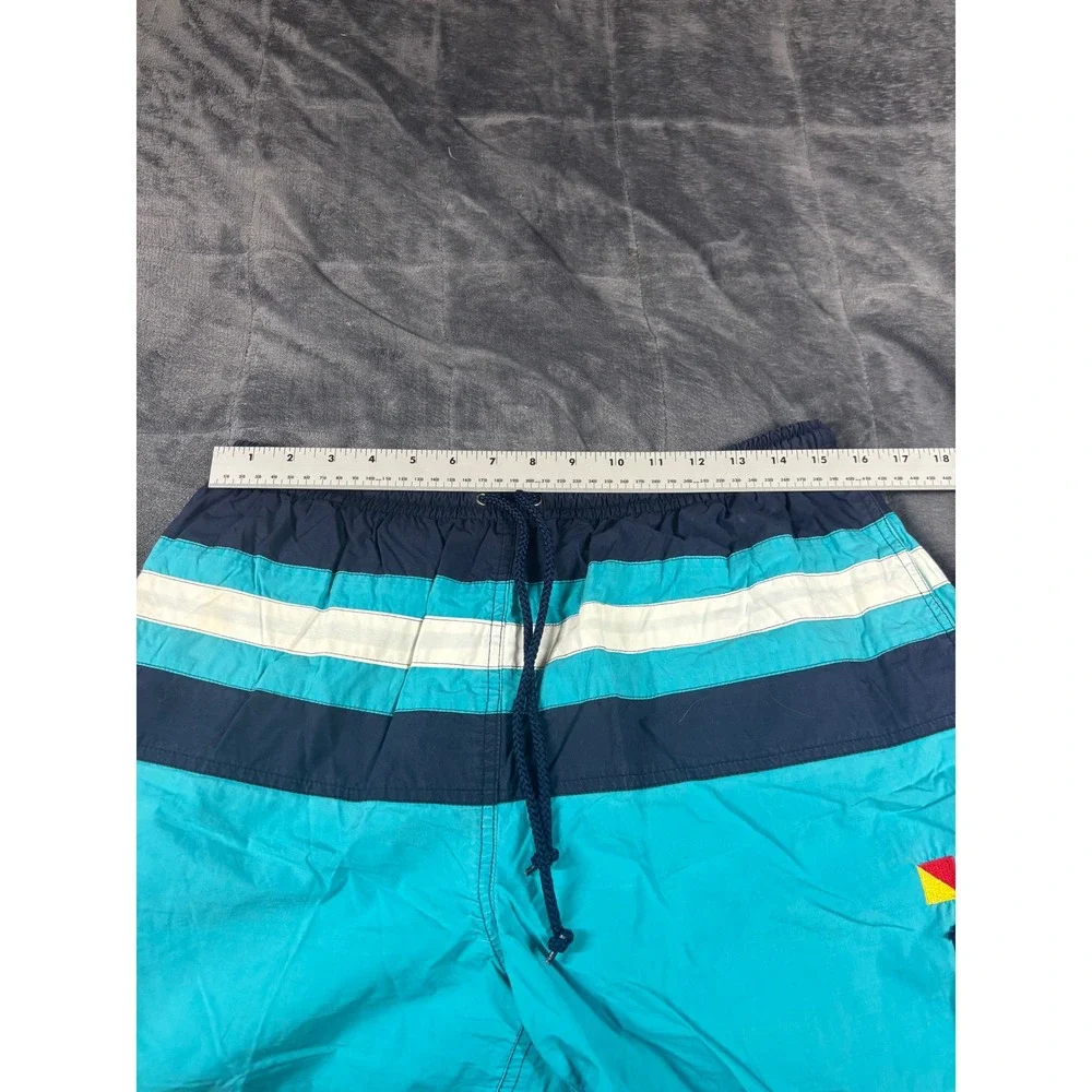 Newport Blue Mens Vintage Swim Trunks Teal Navy Striped Nautical Flags Large